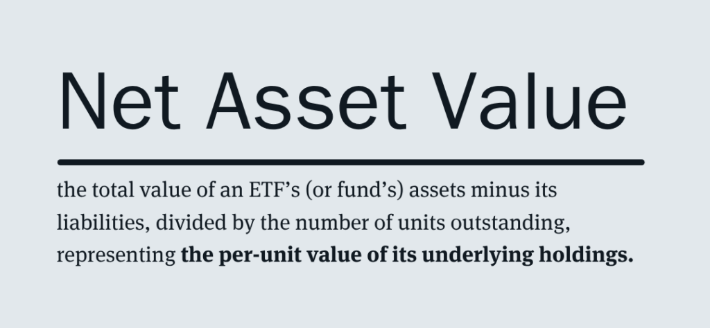 Definition of Net Asset Value showing ETF assets minus liabilities per unit.